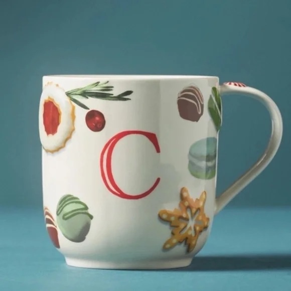 NWT Anthropologie HOLIFAYE STONEWARE MONOGRAM MUG C Christmas - Picture 1 of 3